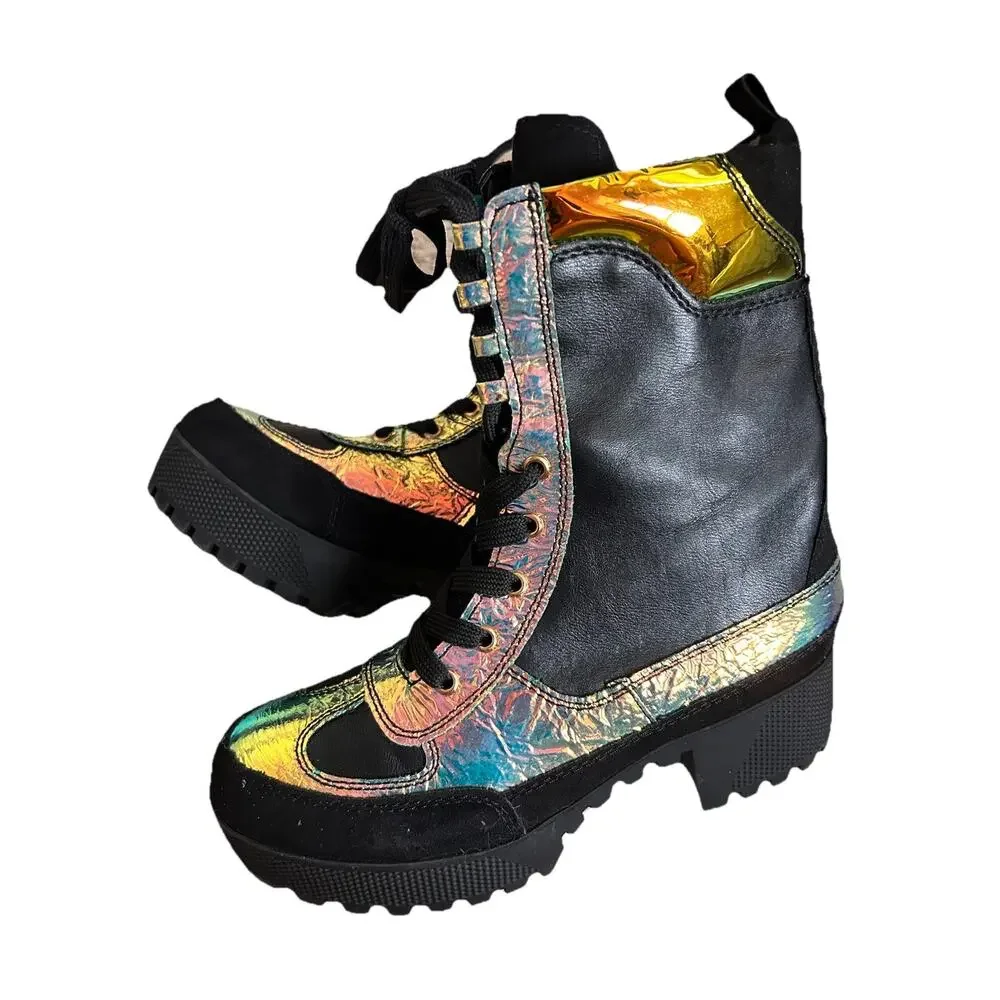 Bamboo Black Holographic Iridescent Platform Lug Sole Combat Boots Womens 7